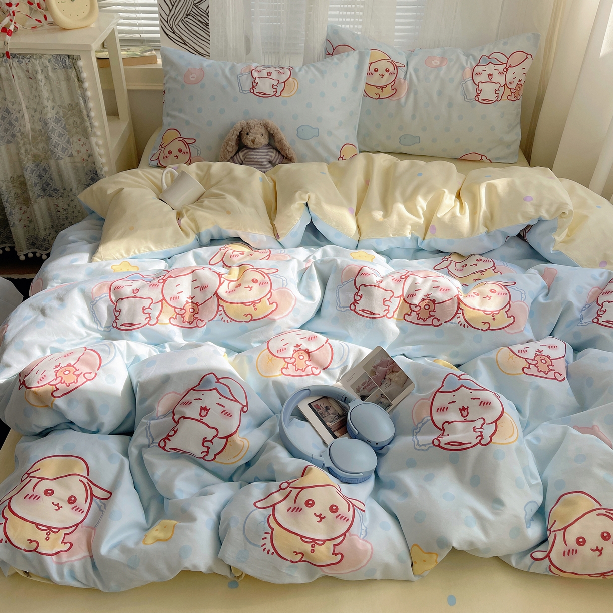 91家纺网 家纺一手货源 找家纺 耀悦家纺 2026新款正版授权吉伊卡哇全棉纯棉四件套单被套枕套 帽子小八