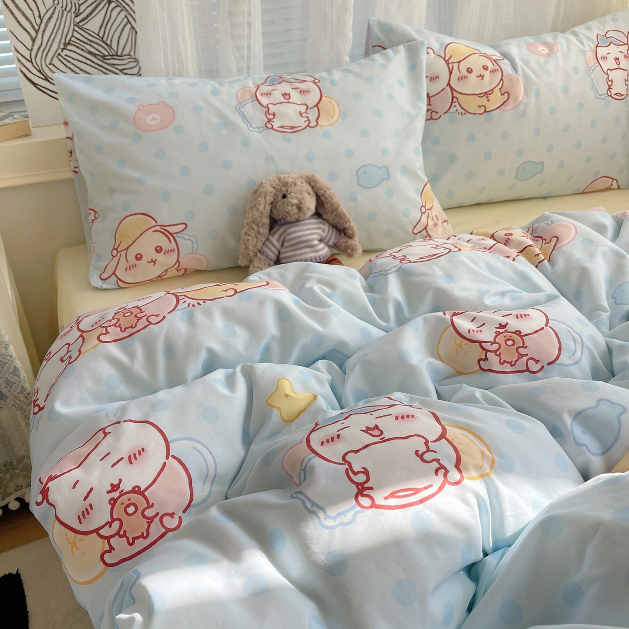 91家纺网 家纺一手货源 找家纺 耀悦家纺 2026新款正版授权吉伊卡哇全棉纯棉四件套单被套枕套 帽子小八