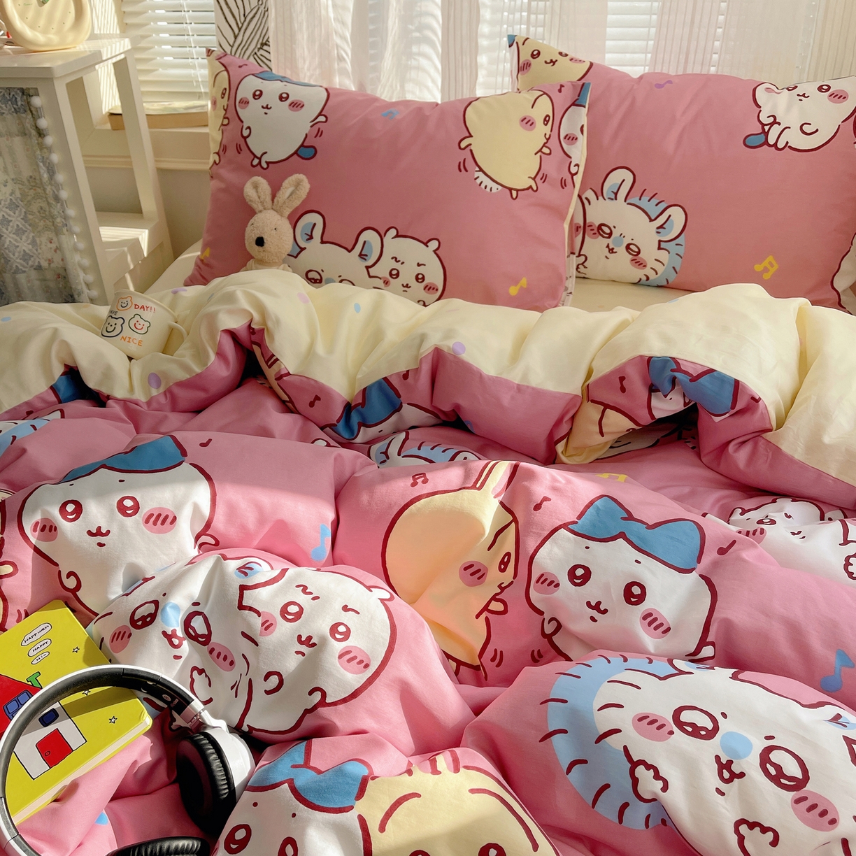 91家纺网 家纺一手货源 找家纺 耀悦家纺 2026新款正版授权吉伊卡哇全棉纯棉四件套单被套枕套 捣蛋莫莫咖