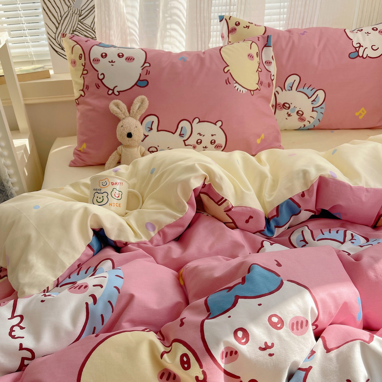 91家纺网 家纺一手货源 找家纺 耀悦家纺 2026新款正版授权吉伊卡哇全棉纯棉四件套单被套枕套 捣蛋莫莫咖