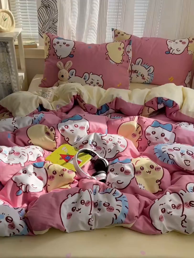 91家纺网 家纺一手货源 找家纺 耀悦家纺 2026新款正版授权吉伊卡哇全棉纯棉四件套单被套枕套 捣蛋莫莫咖