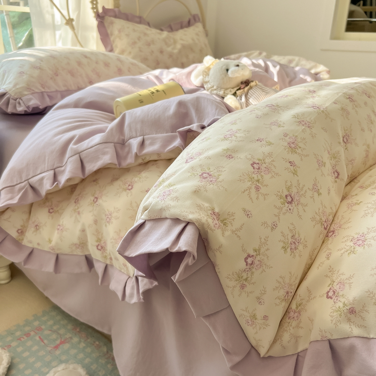 91家纺网 家纺一手货源 找家纺 韩巢家纺 2026新款花边款针织双层纱四件套 春意花开