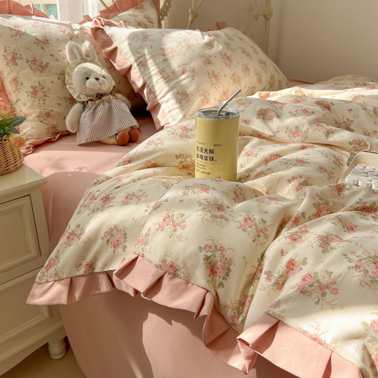 91家纺网 家纺一手货源 找家纺 韩巢家纺 2026新款花边款针织双层纱四件套 春和米