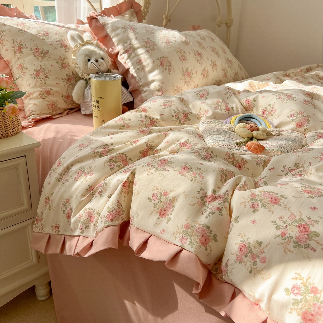 91家纺网 家纺一手货源 找家纺 韩巢家纺 2026新款花边款针织双层纱四件套 春和米