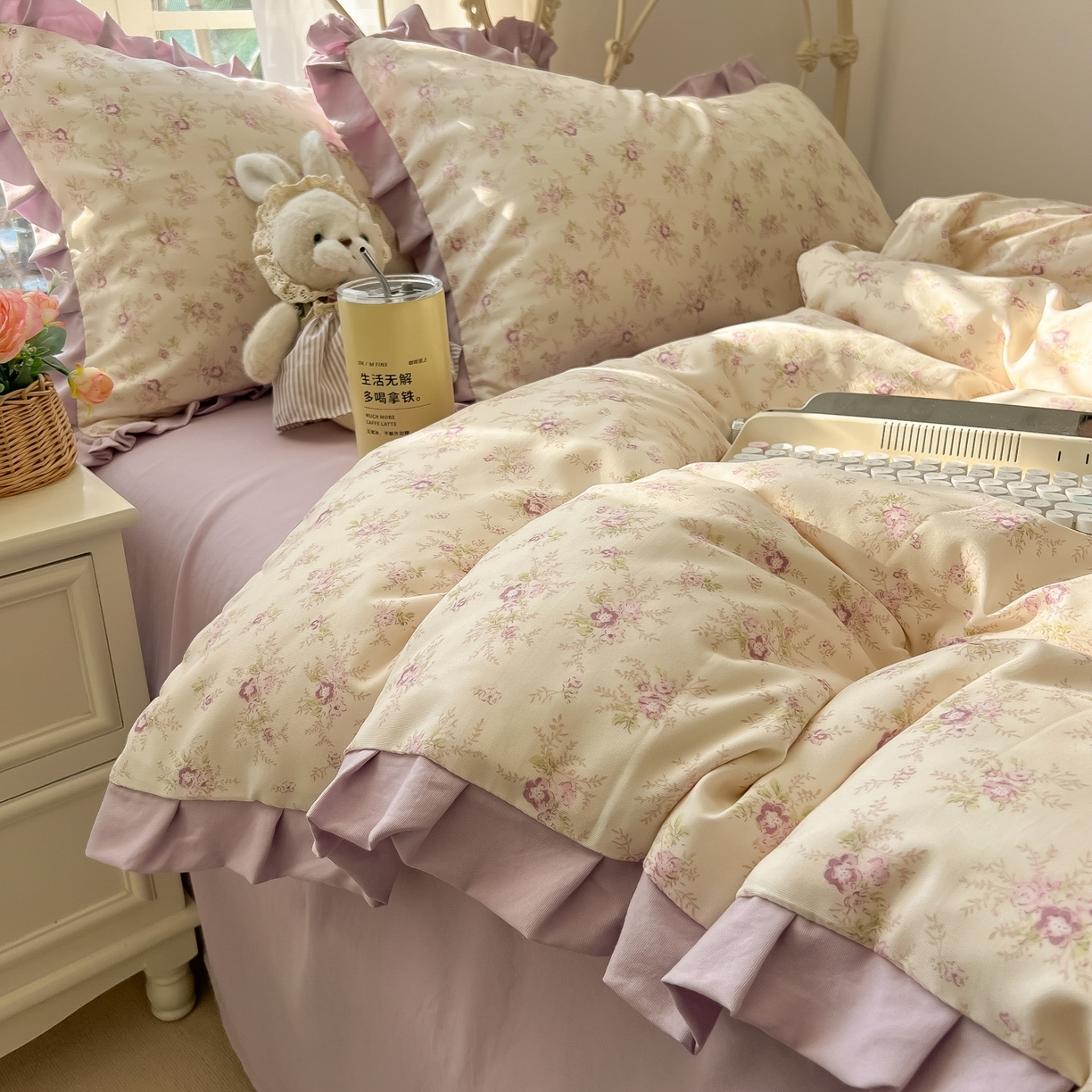 91家纺网 家纺一手货源 找家纺 韩巢家纺 2026新款花边款针织双层纱四件套 春意花开