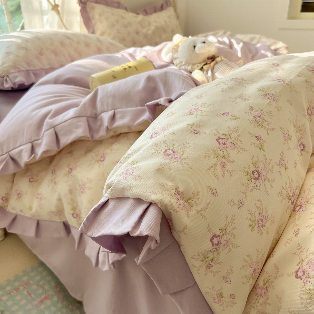 91家纺网 家纺一手货源 找家纺 韩巢家纺 2026新款花边款针织双层纱四件套 春意花开