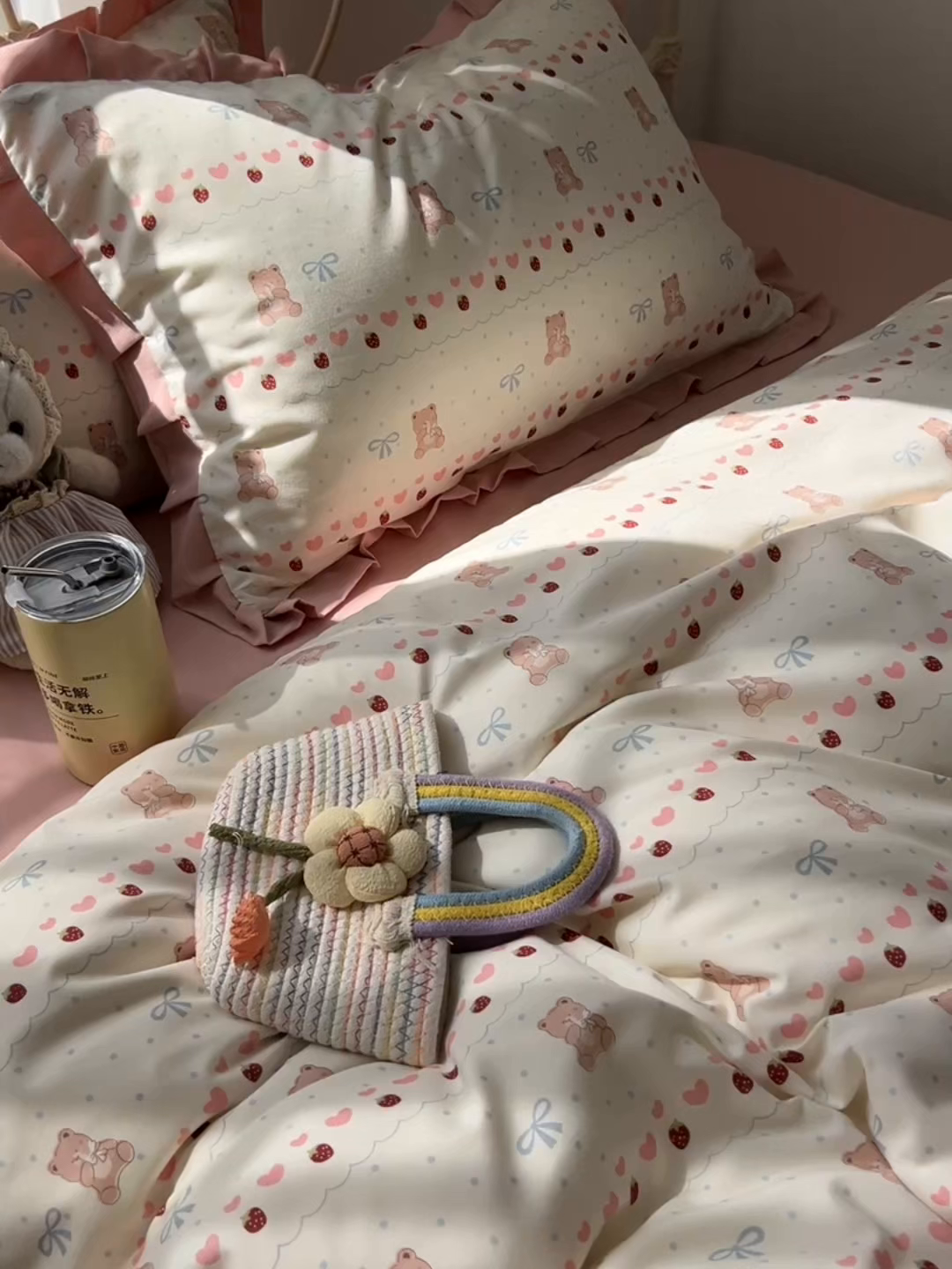 91家纺网 家纺一手货源 找家纺 韩巢家纺 2026新款花边款针织双层纱四件套 可爱熊