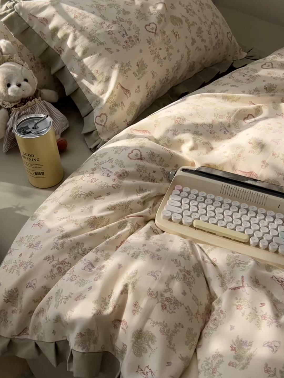 91家纺网 家纺一手货源 找家纺 韩巢家纺 2026新款花边款针织双层纱四件套 魔法森林