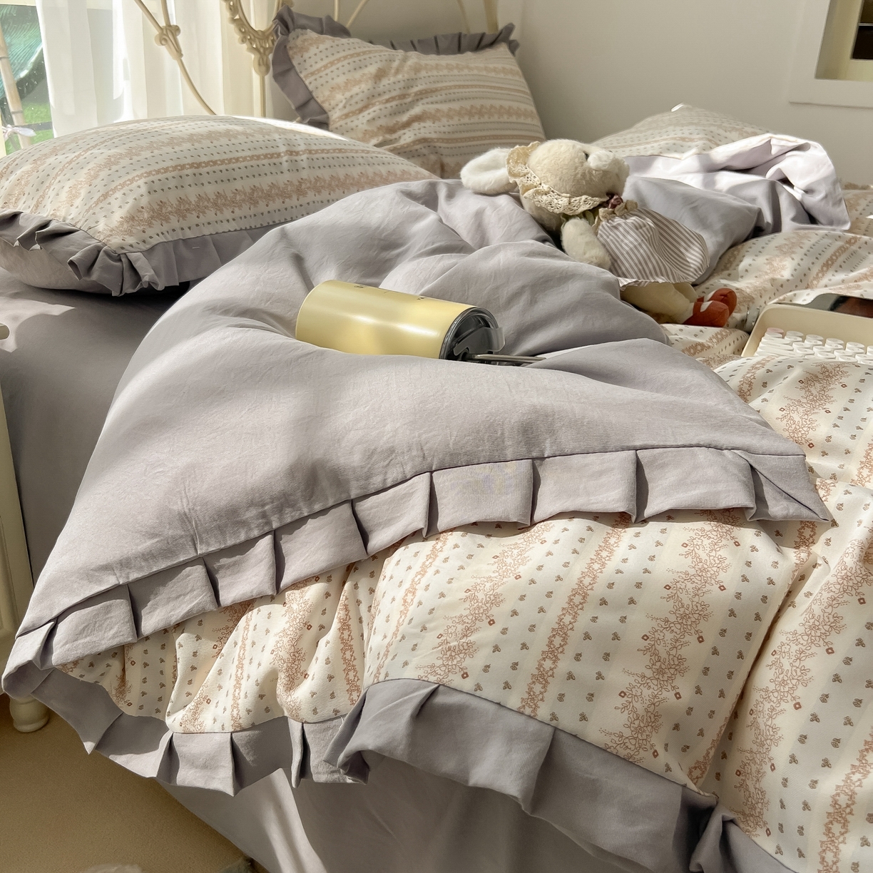 91家纺网 家纺一手货源 找家纺 韩巢家纺 2026新款花边款针织双层纱四件套 木昔