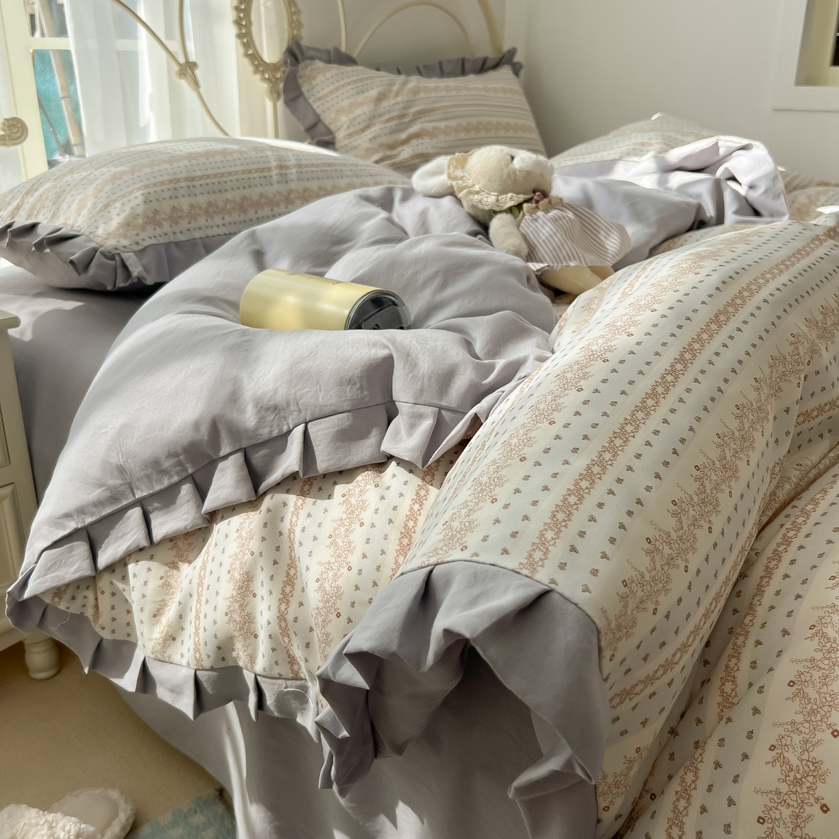 91家纺网 家纺一手货源 找家纺 韩巢家纺 2026新款花边款针织双层纱四件套 木昔