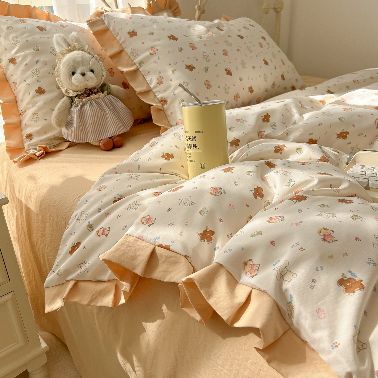 91家纺网 家纺一手货源 找家纺 韩巢家纺 2026新款花边款针织双层纱四件套 奶油狗