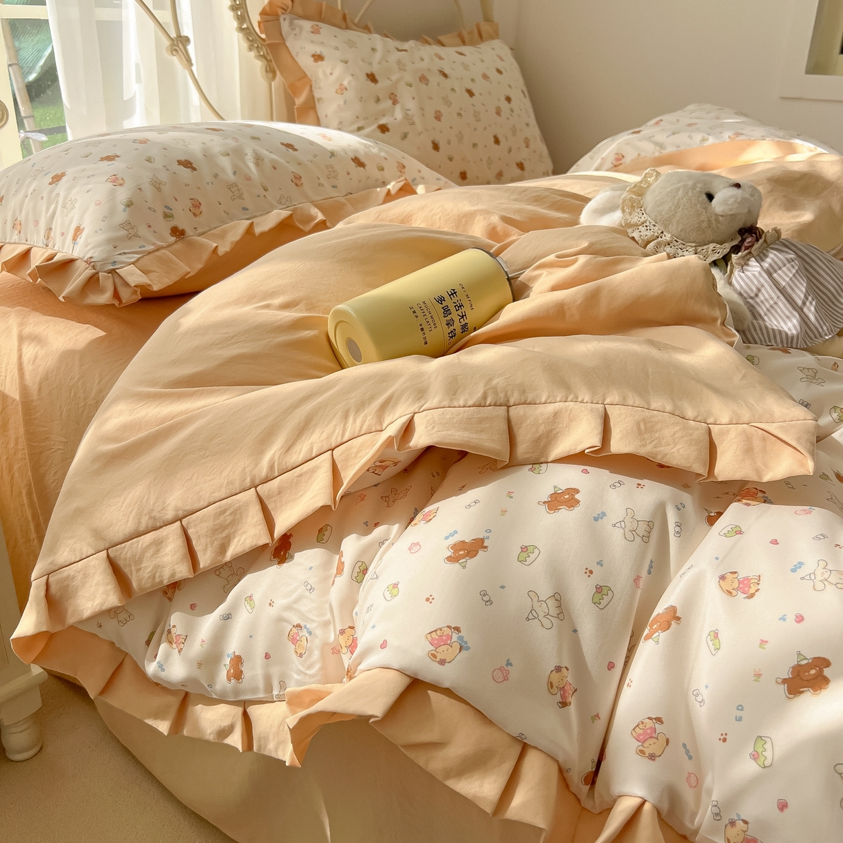 91家纺网 家纺一手货源 找家纺 韩巢家纺 2026新款花边款针织双层纱四件套 奶油狗