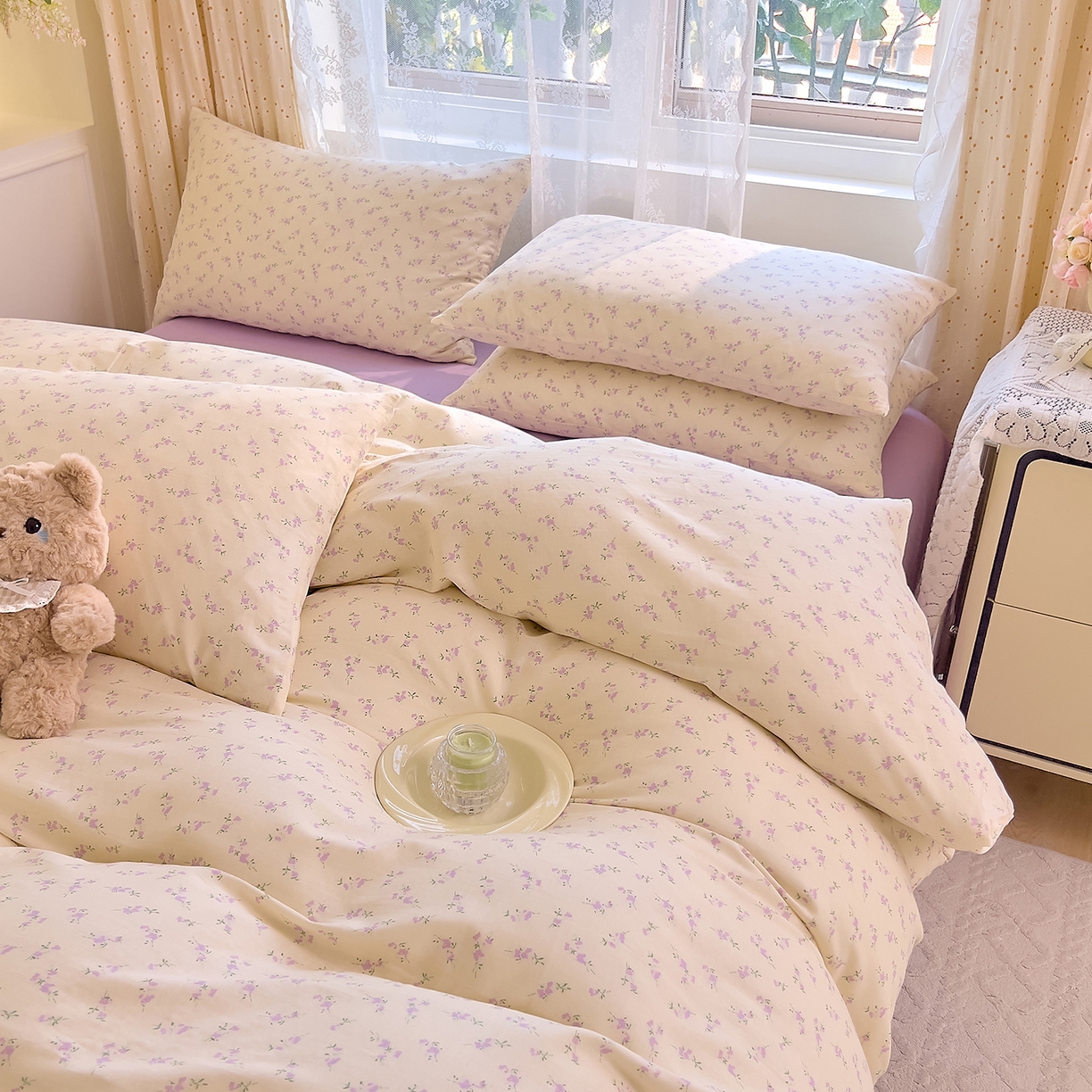 91家纺网 家纺一手货源 找家纺 DoDo 兜兜 2026新款全棉纯棉柔软双层纱套件系列（可定做尺寸） 含笑-紫