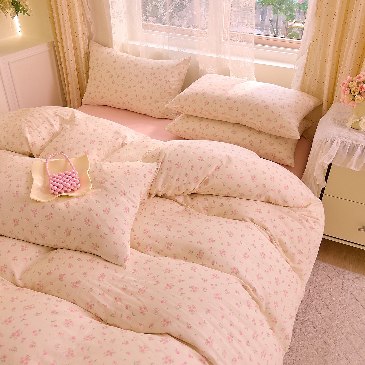 91家纺网 家纺一手货源 找家纺 DoDo 兜兜 2026新款全棉纯棉柔软双层纱套件系列（可定做尺寸） 格桑花-粉