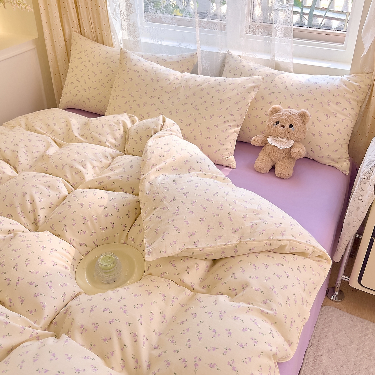 91家纺网 家纺一手货源 找家纺 DoDo 兜兜 2026新款全棉纯棉柔软双层纱套件系列（可定做尺寸） 含笑-紫