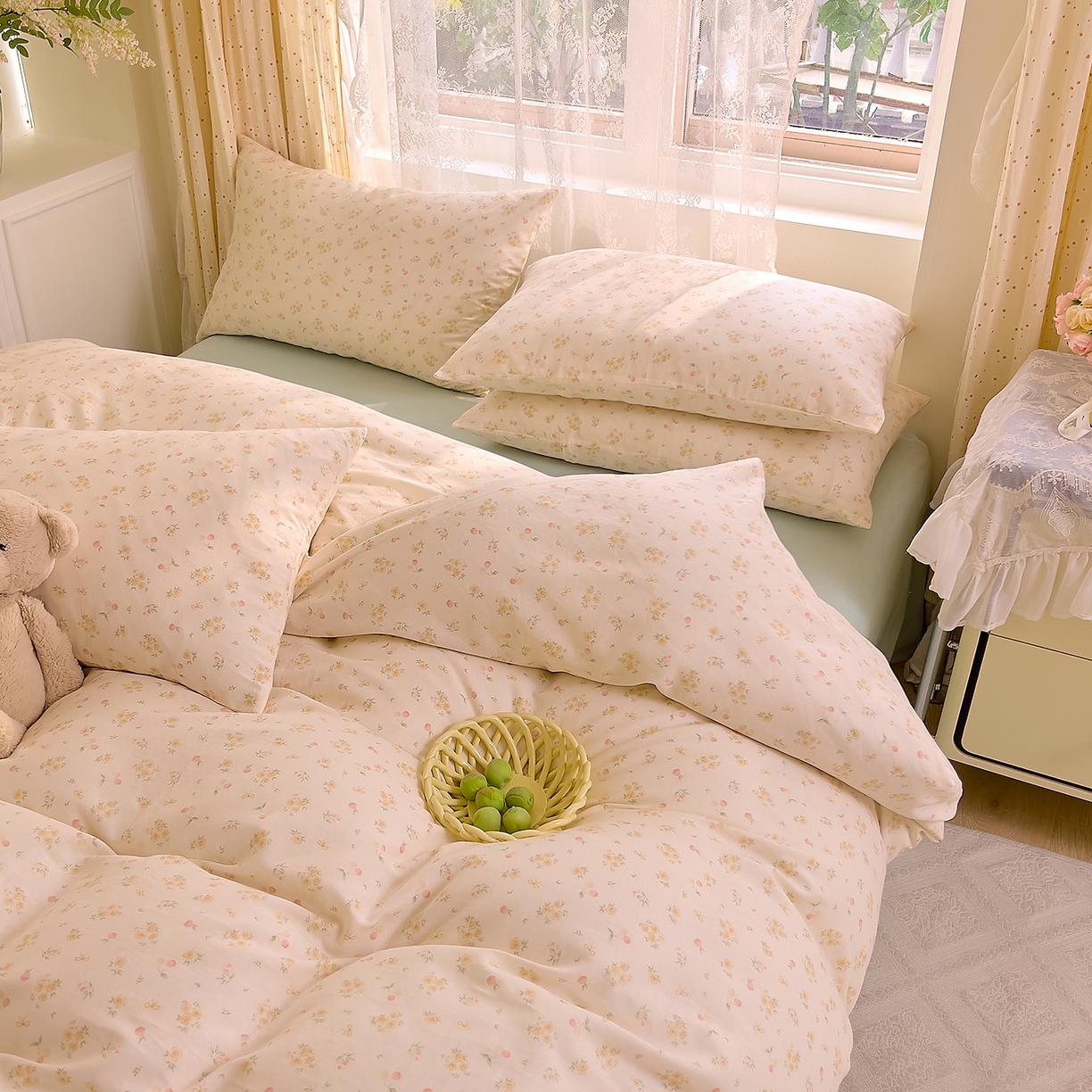 91家纺网 家纺一手货源 找家纺 DoDo 兜兜 2026新款全棉纯棉柔软双层纱套件系列（可定做尺寸） 格桑花-黄