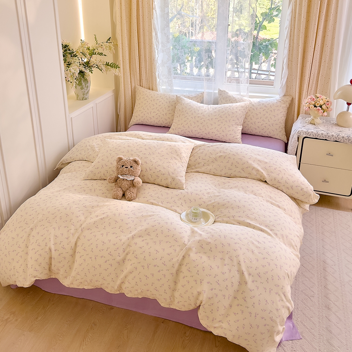 91家纺网 家纺一手货源 找家纺 DoDo 兜兜 2026新款全棉纯棉柔软双层纱套件系列（可定做尺寸） 含笑-紫