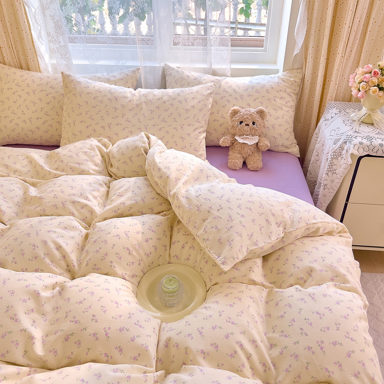 91家纺网 家纺一手货源 找家纺 DoDo 兜兜 2026新款全棉纯棉柔软双层纱套件系列（可定做尺寸） 含笑-紫