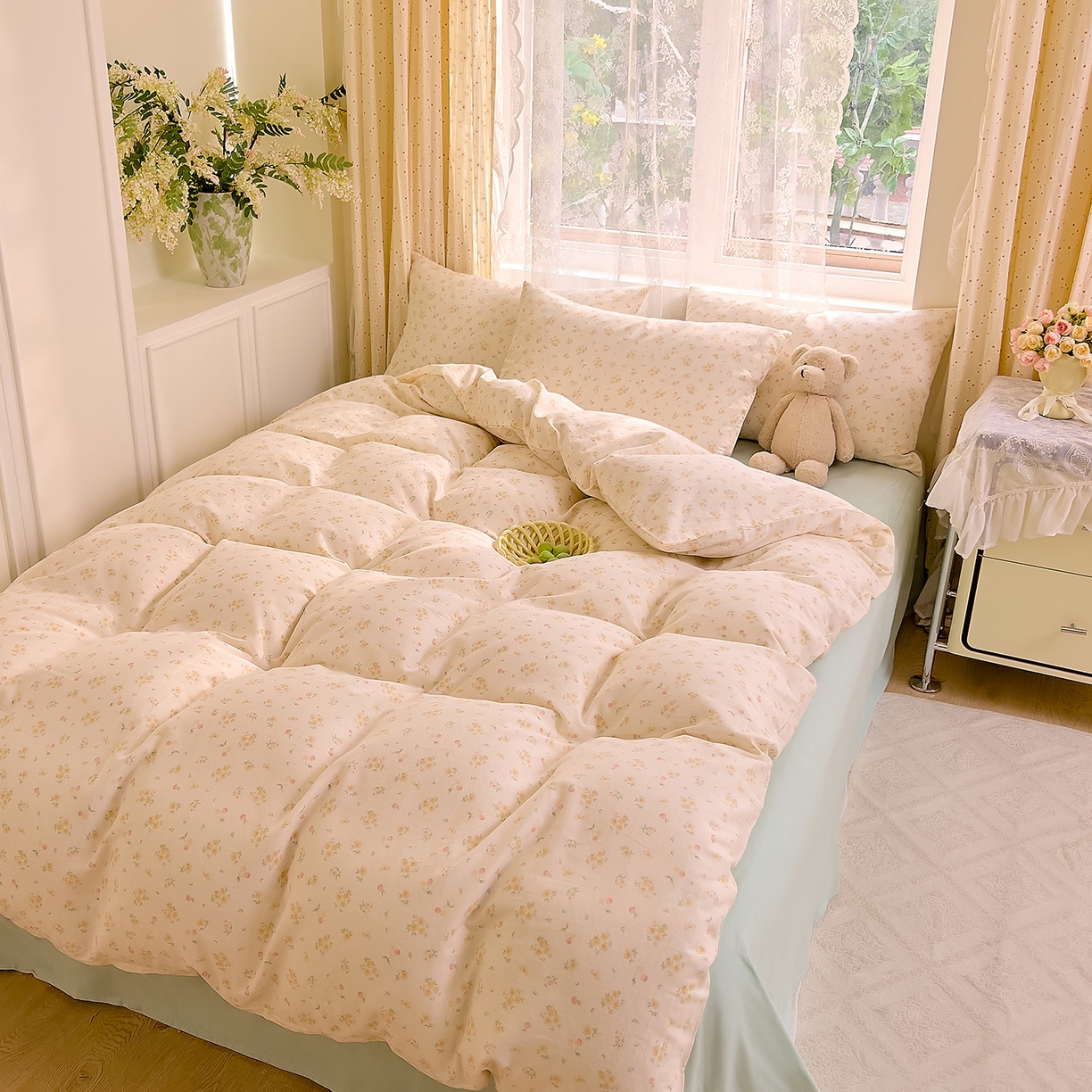 91家纺网 家纺一手货源 找家纺 DoDo 兜兜 2026新款全棉纯棉柔软双层纱套件系列（可定做尺寸） 格桑花-黄