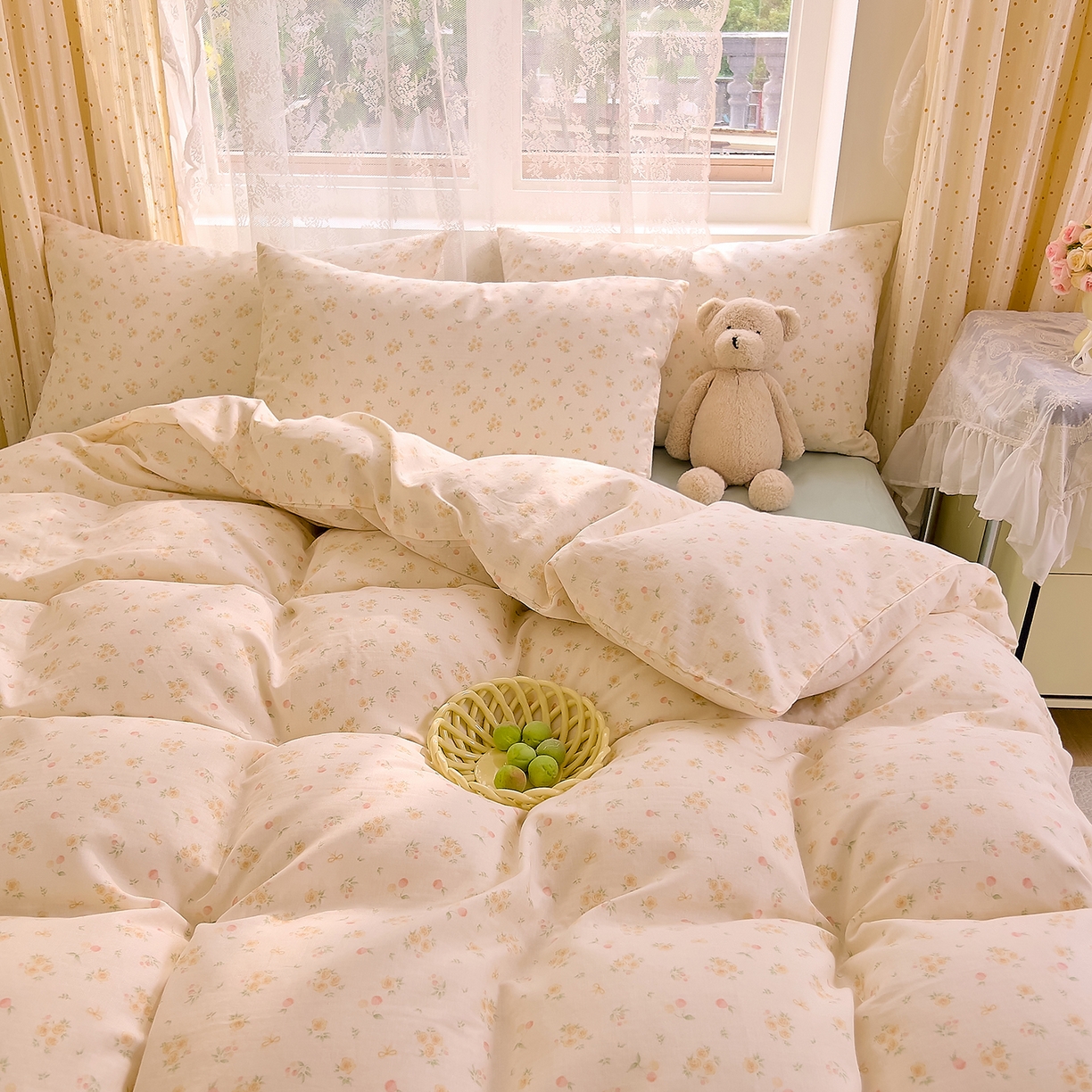 91家纺网 家纺一手货源 找家纺 DoDo 兜兜 2026新款全棉纯棉柔软双层纱套件系列（可定做尺寸） 格桑花-黄