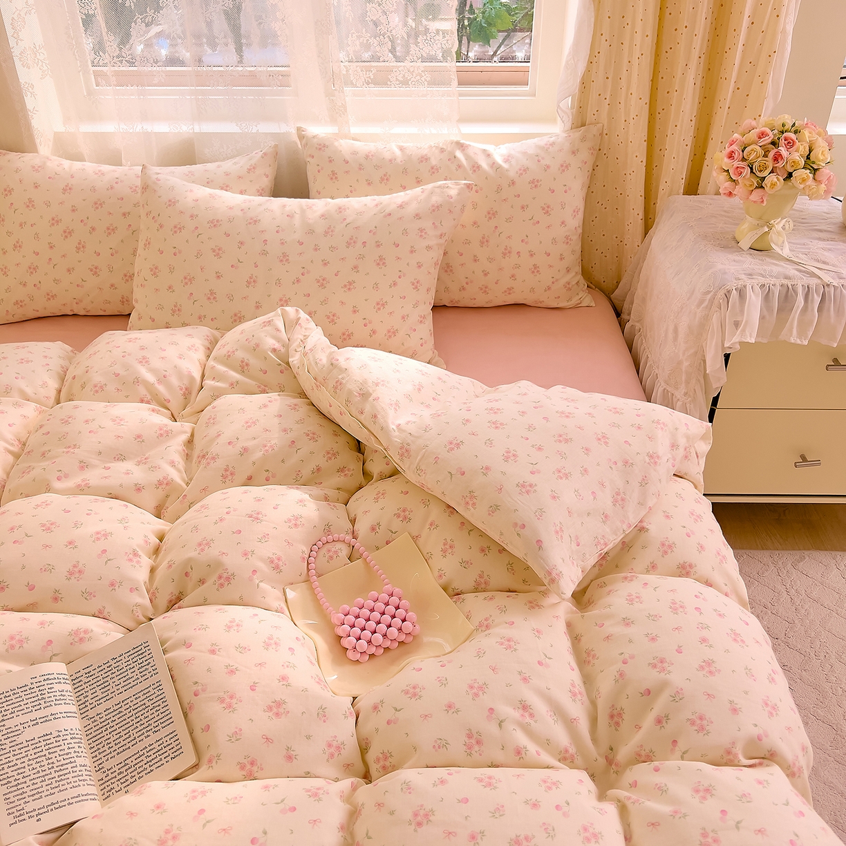 91家纺网 家纺一手货源 找家纺 DoDo 兜兜 2026新款全棉纯棉柔软双层纱套件系列（可定做尺寸） 格桑花-粉