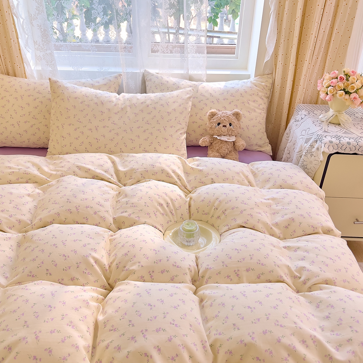 91家纺网 家纺一手货源 找家纺 DoDo 兜兜 2026新款全棉纯棉柔软双层纱套件系列（可定做尺寸） 含笑-紫