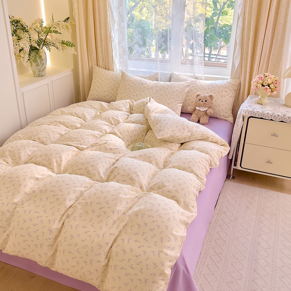 91家纺网 家纺一手货源 找家纺 DoDo 兜兜 2026新款全棉纯棉柔软双层纱套件系列（可定做尺寸） 含笑-紫