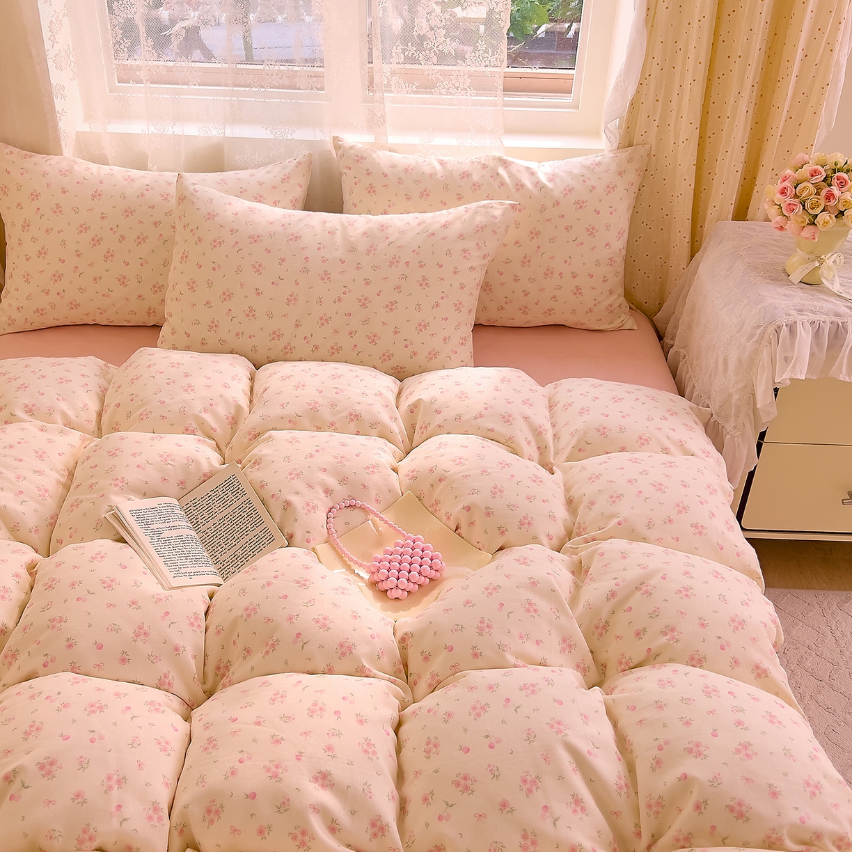 91家纺网 家纺一手货源 找家纺 DoDo 兜兜 2026新款全棉纯棉柔软双层纱套件系列（可定做尺寸） 格桑花-粉