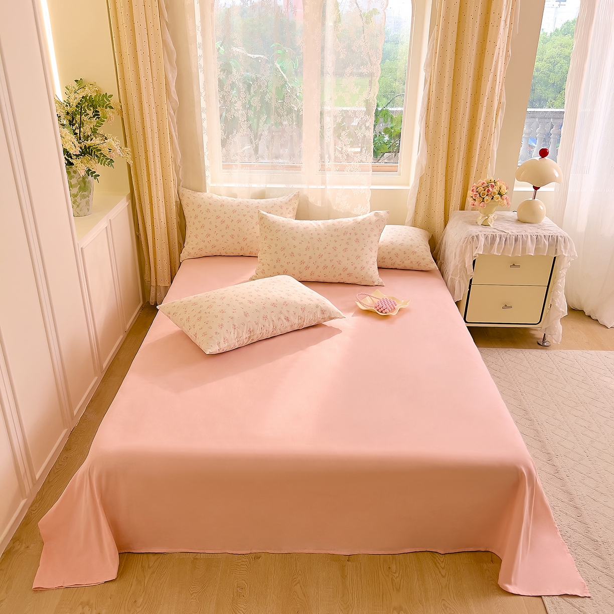 91家纺网 家纺一手货源 找家纺 DoDo 兜兜 2026新款全棉纯棉柔软双层纱套件系列（可定做尺寸） 格桑花-粉