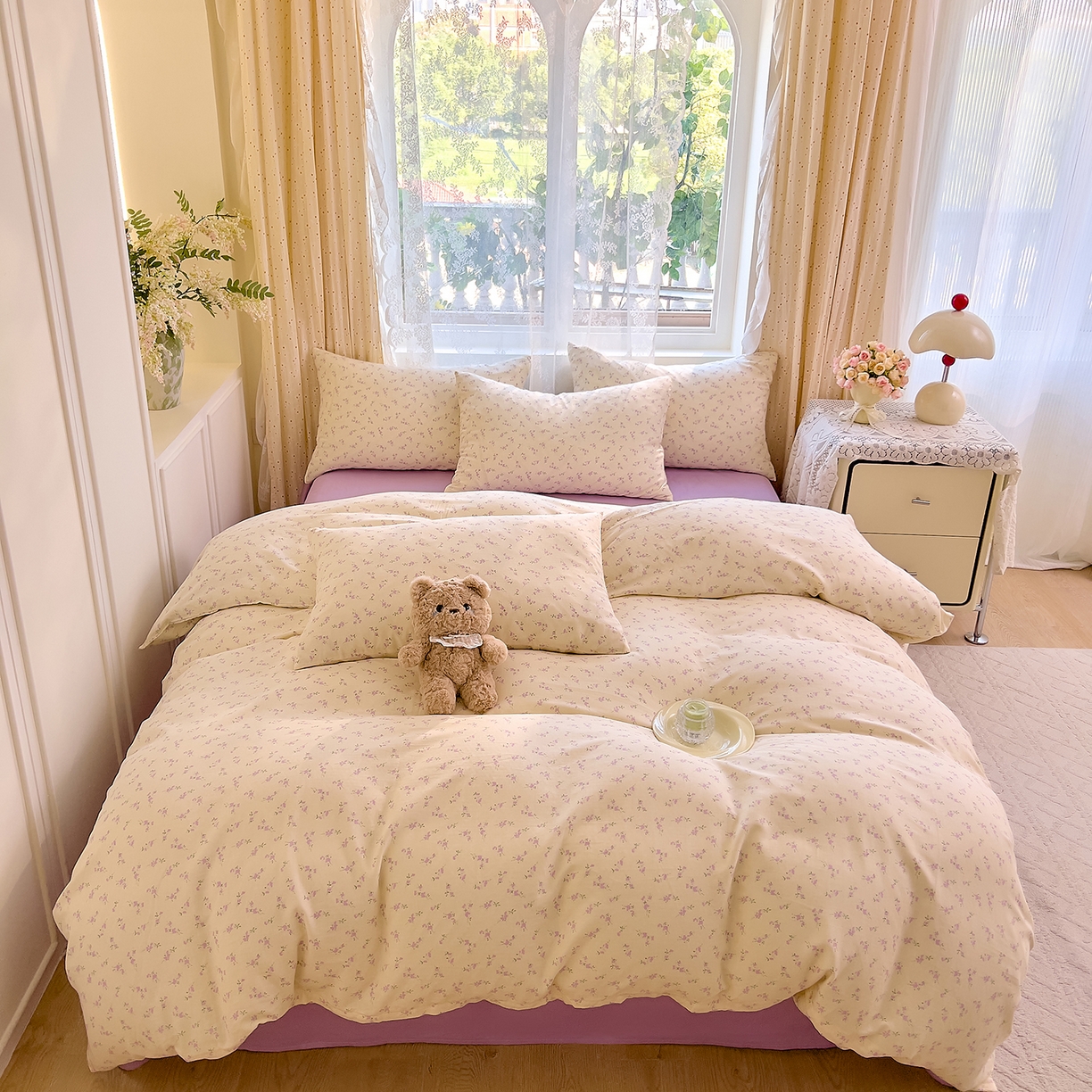 91家纺网 家纺一手货源 找家纺 DoDo 兜兜 2026新款全棉纯棉柔软双层纱套件系列（可定做尺寸） 含笑-紫