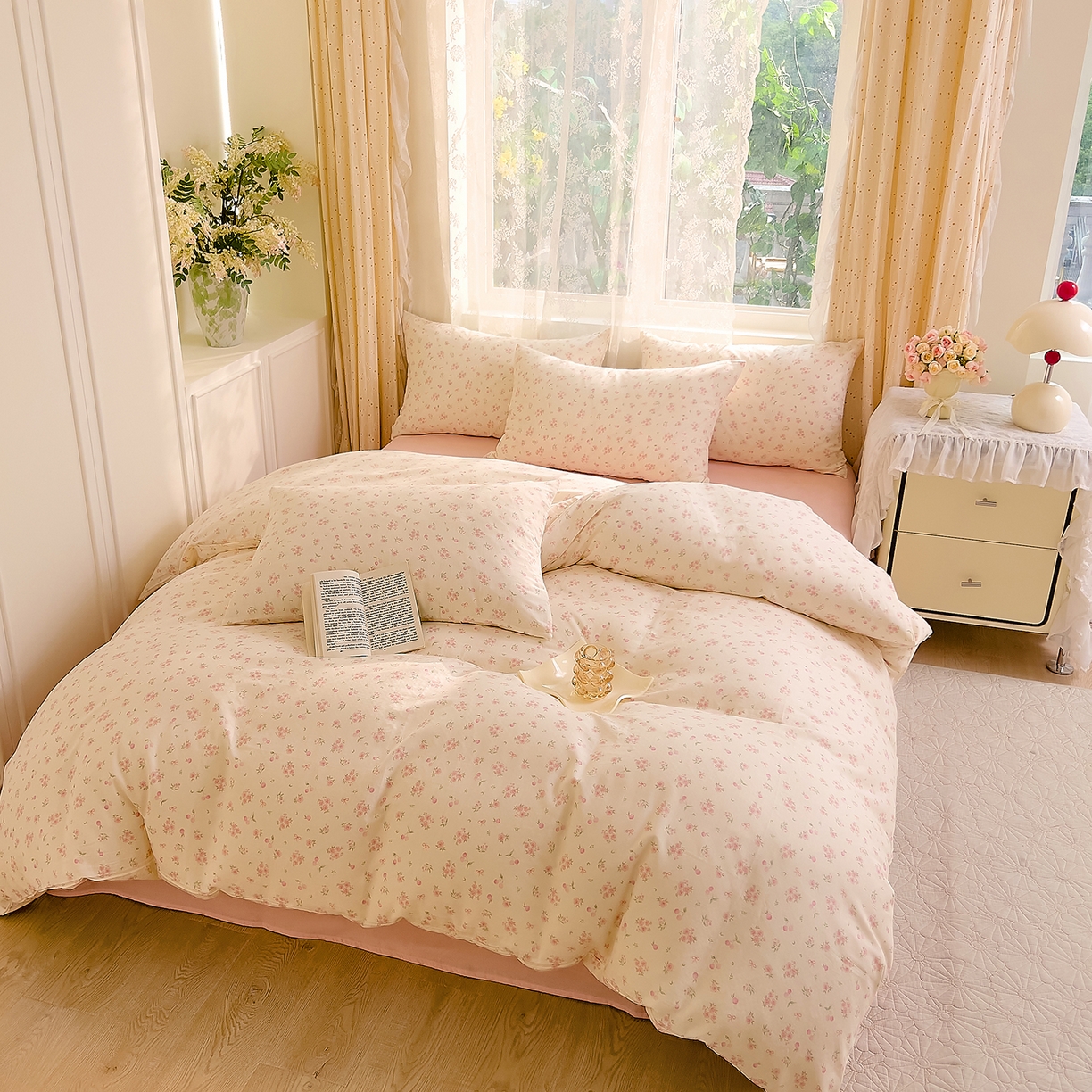 91家纺网 家纺一手货源 找家纺 DoDo 兜兜 2026新款全棉纯棉柔软双层纱套件系列（可定做尺寸） 格桑花-粉