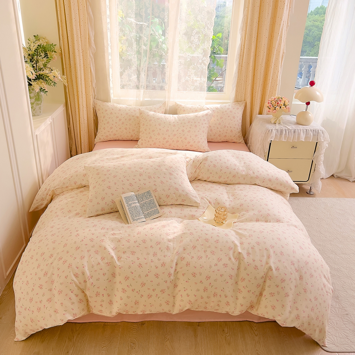 91家纺网 家纺一手货源 找家纺 DoDo 兜兜 2026新款全棉纯棉柔软双层纱套件系列（可定做尺寸） 格桑花-粉