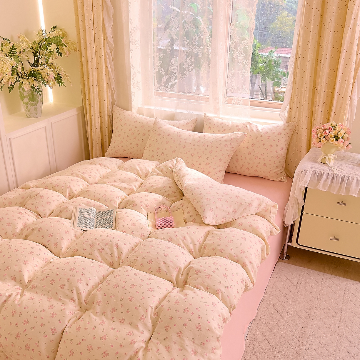 91家纺网 家纺一手货源 找家纺 DoDo 兜兜 2026新款全棉纯棉柔软双层纱套件系列（可定做尺寸） 格桑花-粉