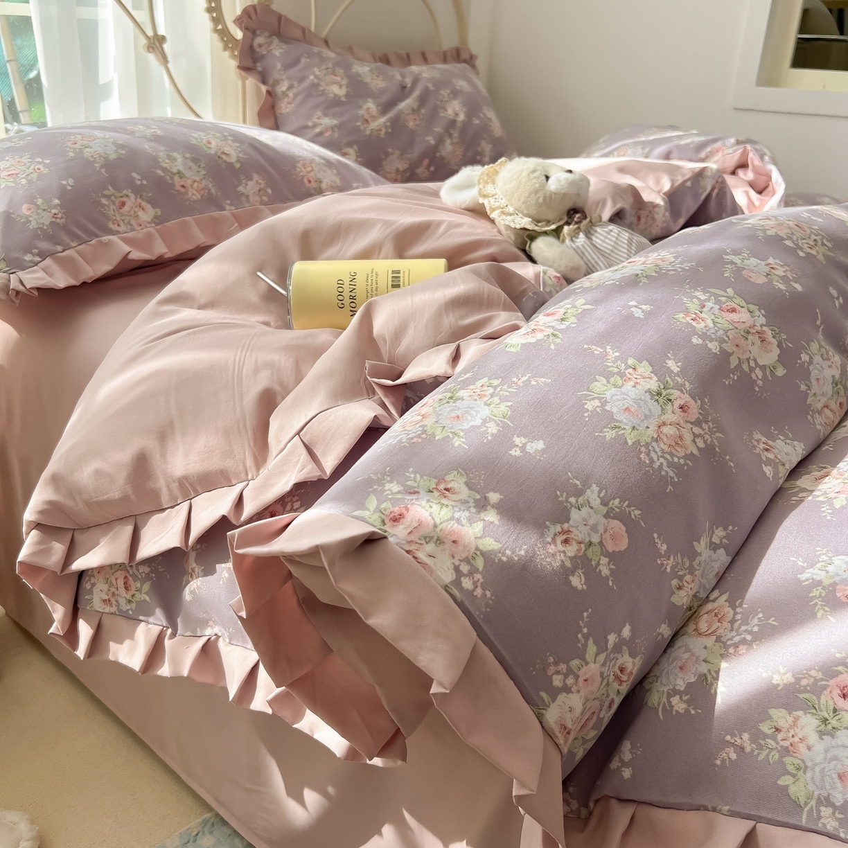 韩巢家纺 2026新款花边款针织双层纱四件套 悠然紫