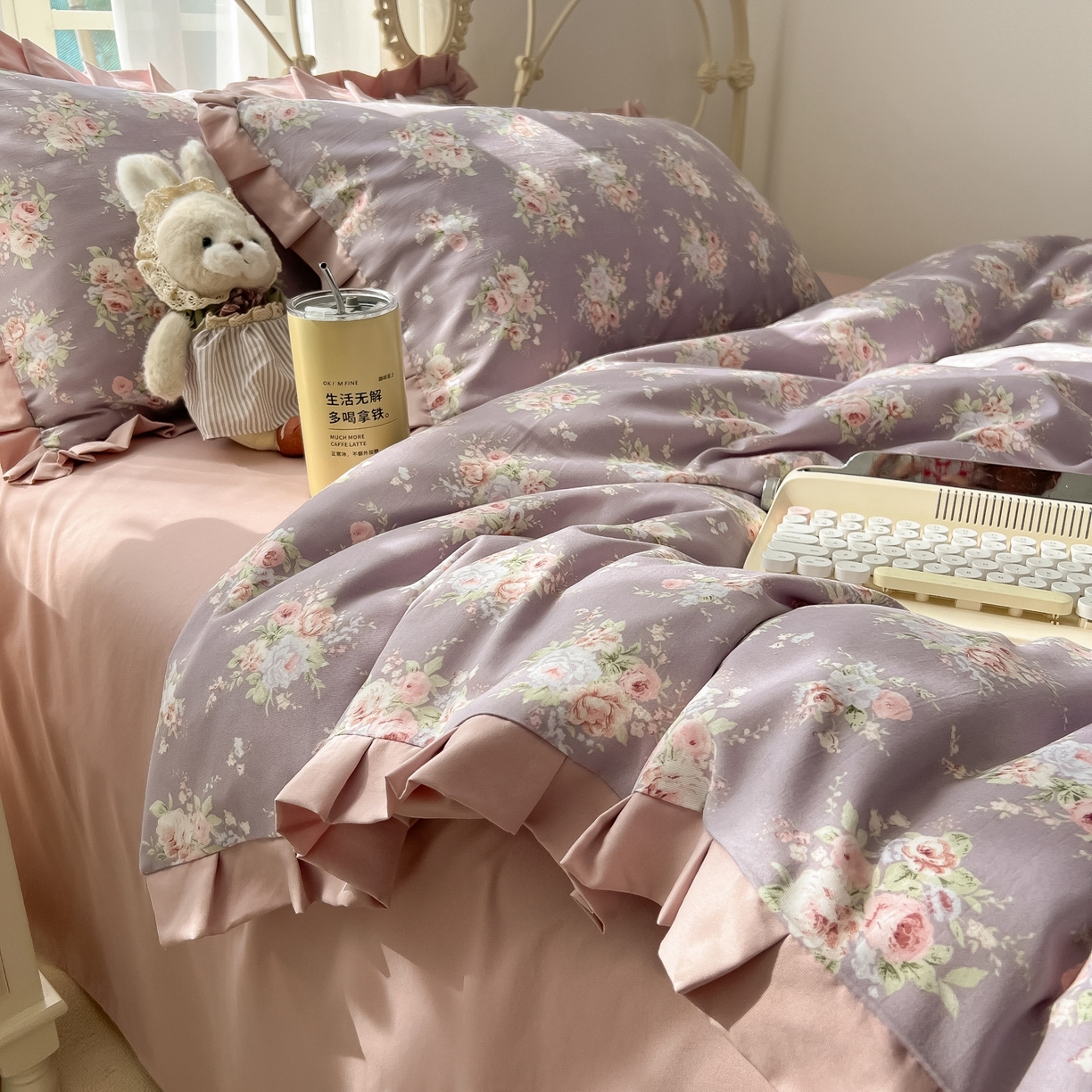 91家纺网 家纺一手货源 找家纺 韩巢家纺 2026新款花边款针织双层纱四件套 悠然紫