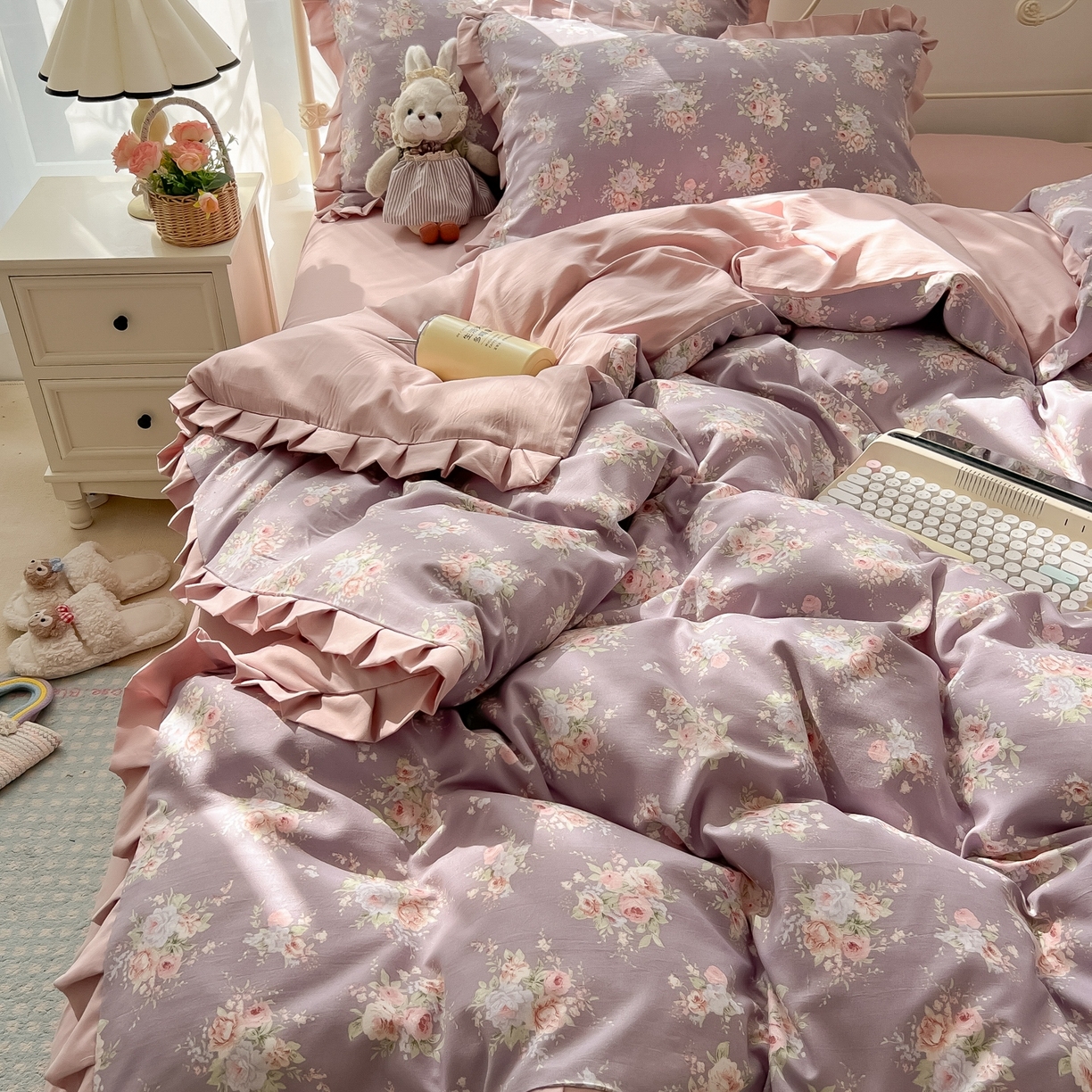 91家纺网 家纺一手货源 找家纺 韩巢家纺 2026新款花边款针织双层纱四件套 悠然紫