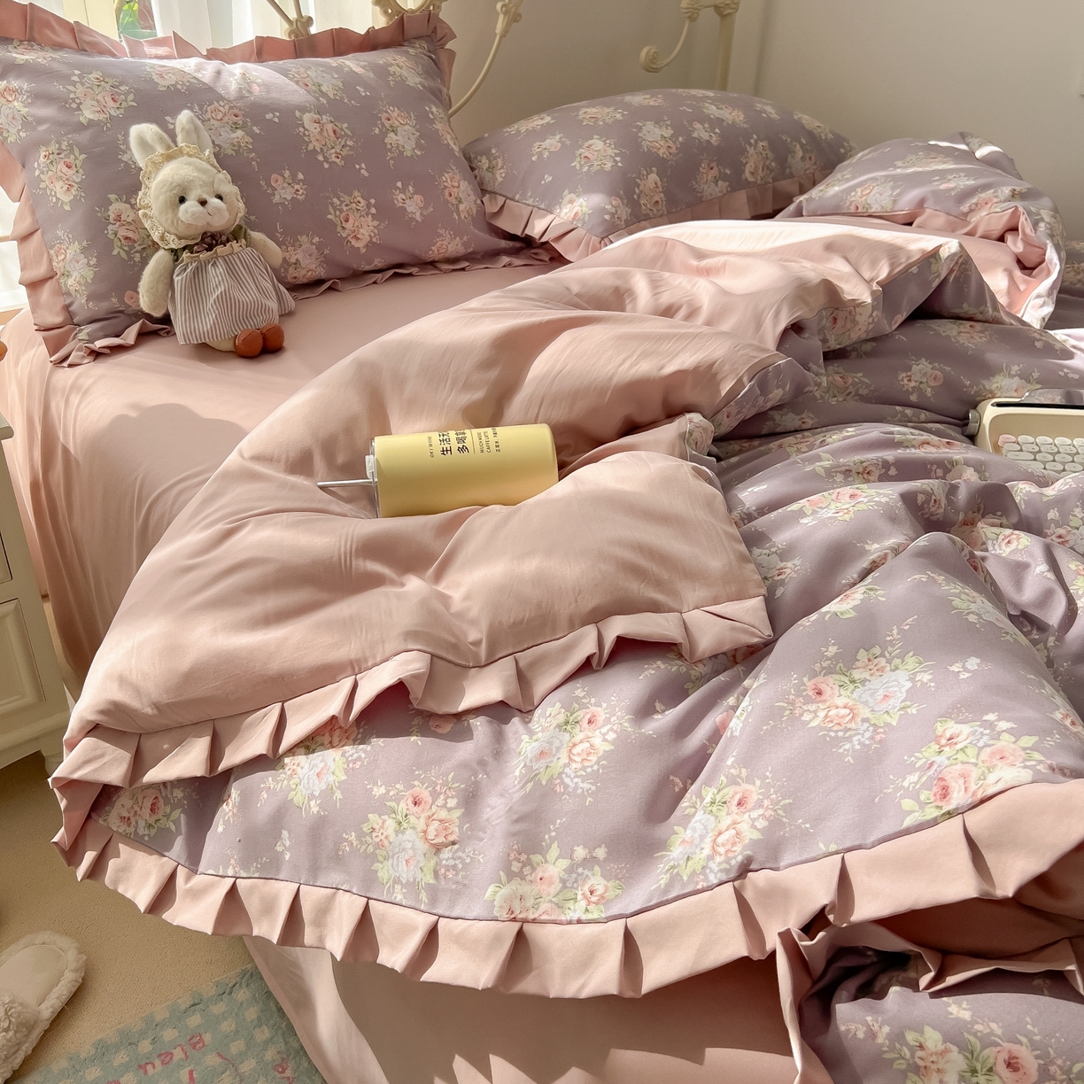 91家纺网 家纺一手货源 找家纺 韩巢家纺 2026新款花边款针织双层纱四件套 悠然紫