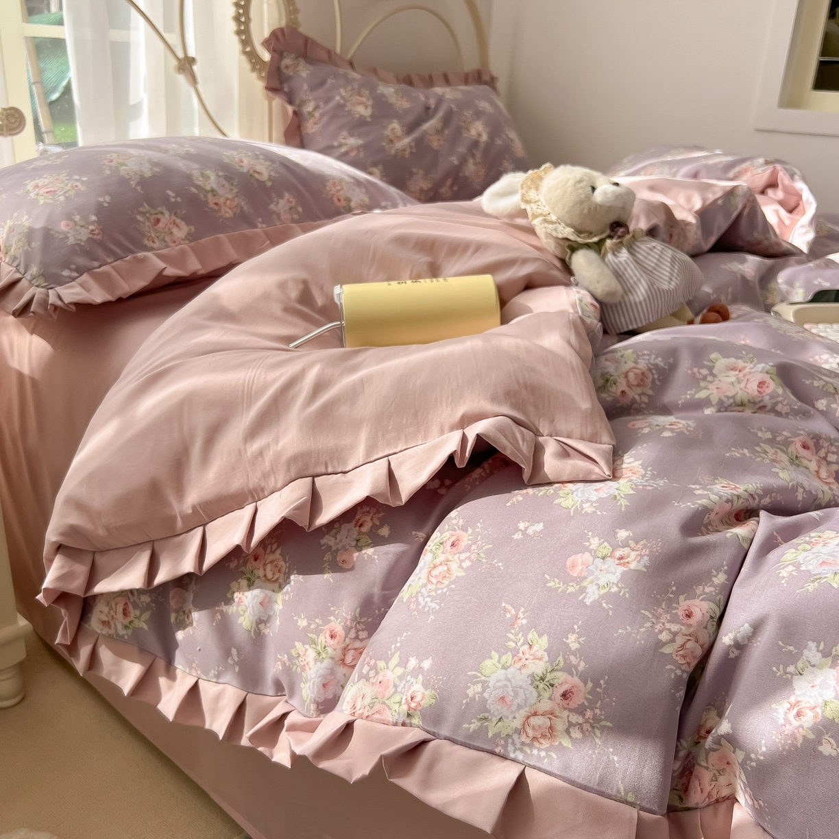 91家纺网 家纺一手货源 找家纺 韩巢家纺 2026新款花边款针织双层纱四件套 悠然紫