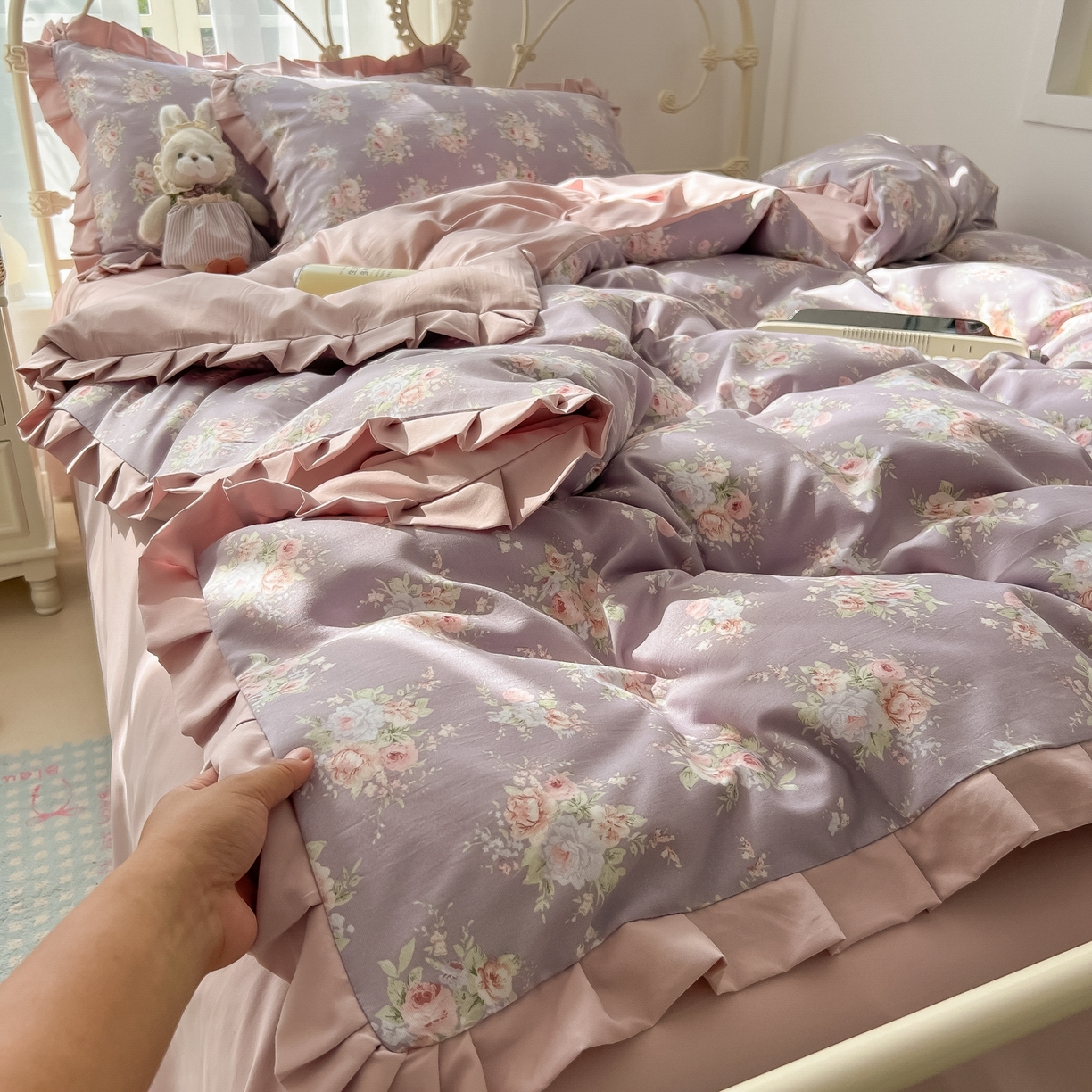 91家纺网 家纺一手货源 找家纺 韩巢家纺 2026新款花边款针织双层纱四件套 悠然紫