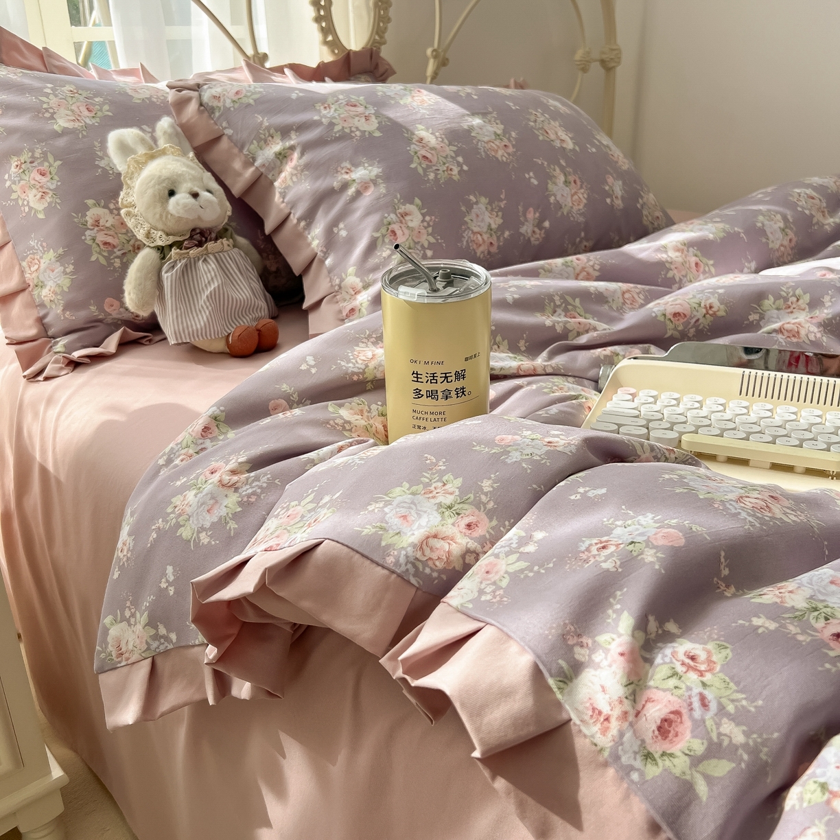 91家纺网 家纺一手货源 找家纺 韩巢家纺 2026新款花边款针织双层纱四件套 悠然紫