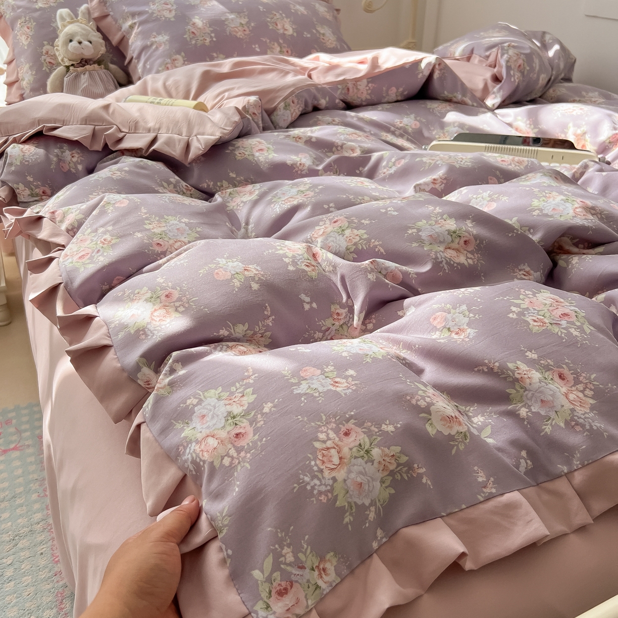 91家纺网 家纺一手货源 找家纺 韩巢家纺 2026新款花边款针织双层纱四件套 悠然紫