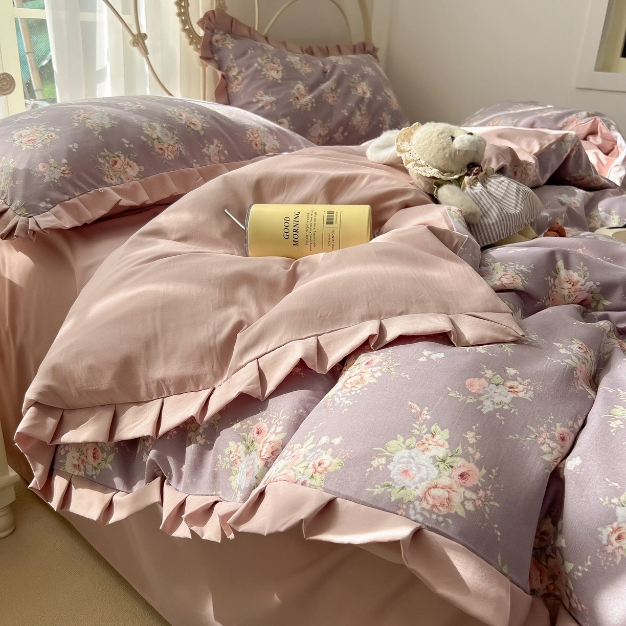 91家纺网 家纺一手货源 找家纺 韩巢家纺 2026新款花边款针织双层纱四件套 悠然紫