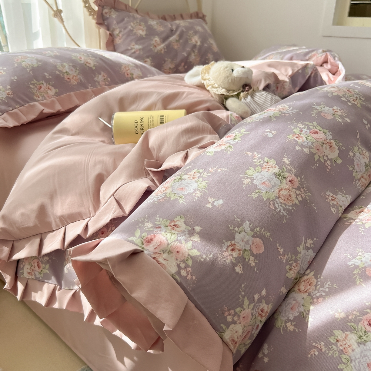 91家纺网 家纺一手货源 找家纺 韩巢家纺 2026新款花边款针织双层纱四件套 悠然紫