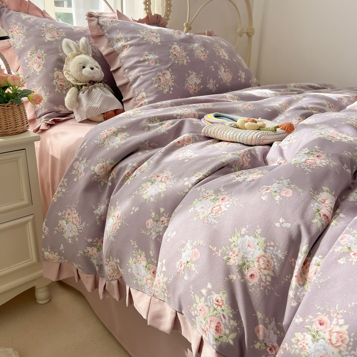 91家纺网 家纺一手货源 找家纺 韩巢家纺 2026新款花边款针织双层纱四件套 悠然紫