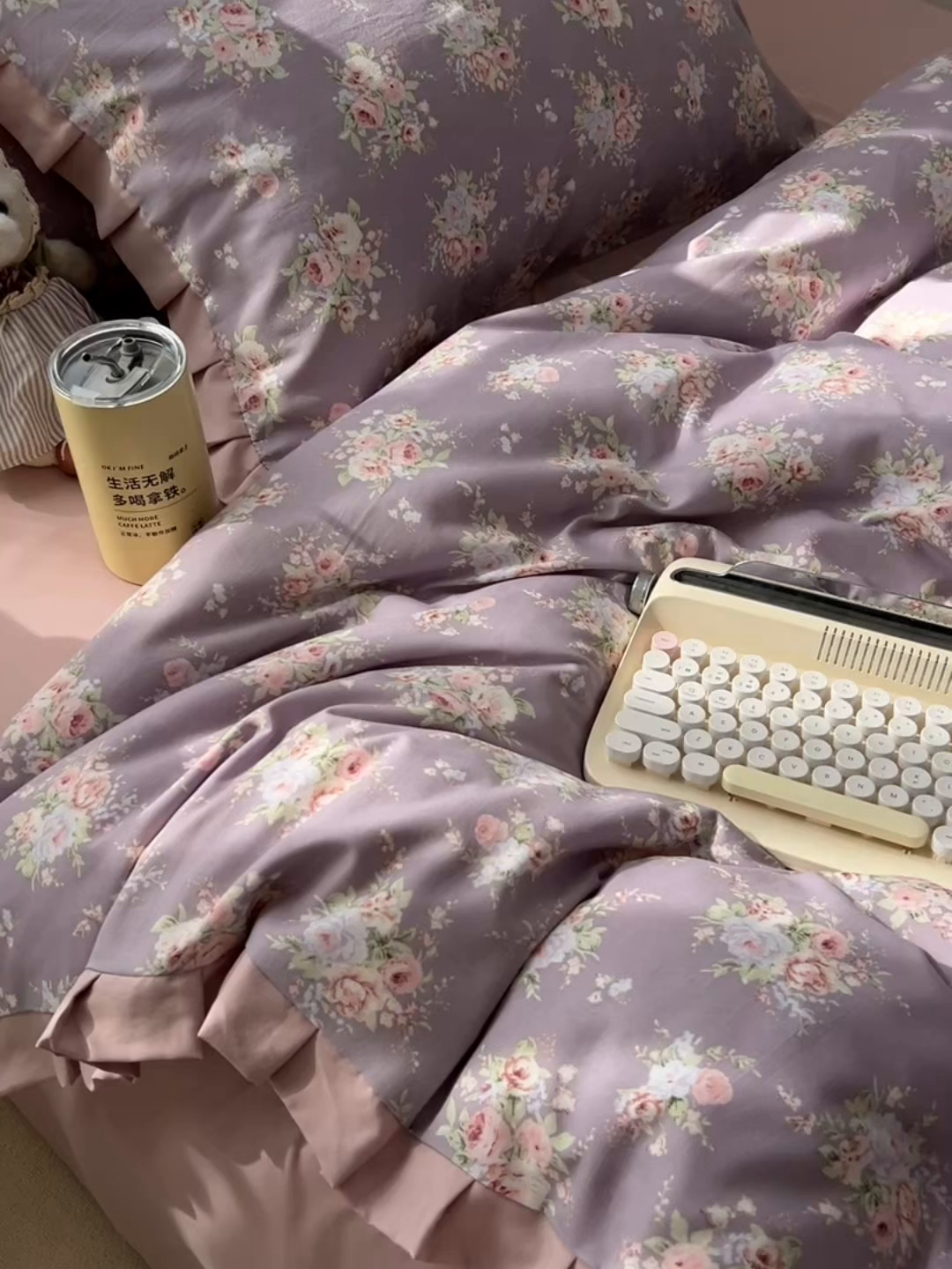 91家纺网 家纺一手货源 找家纺 韩巢家纺 2026新款花边款针织双层纱四件套 悠然紫