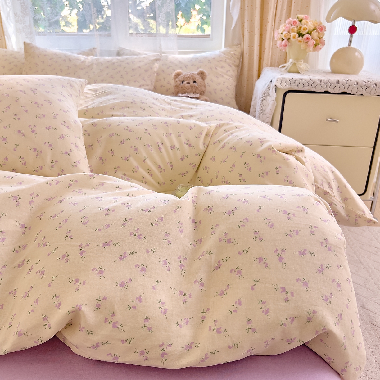 91家纺网 家纺一手货源 找家纺 DoDo 兜兜 2026新款全棉纯棉柔软双层纱单品被套系列（可定做尺寸） 含笑-紫