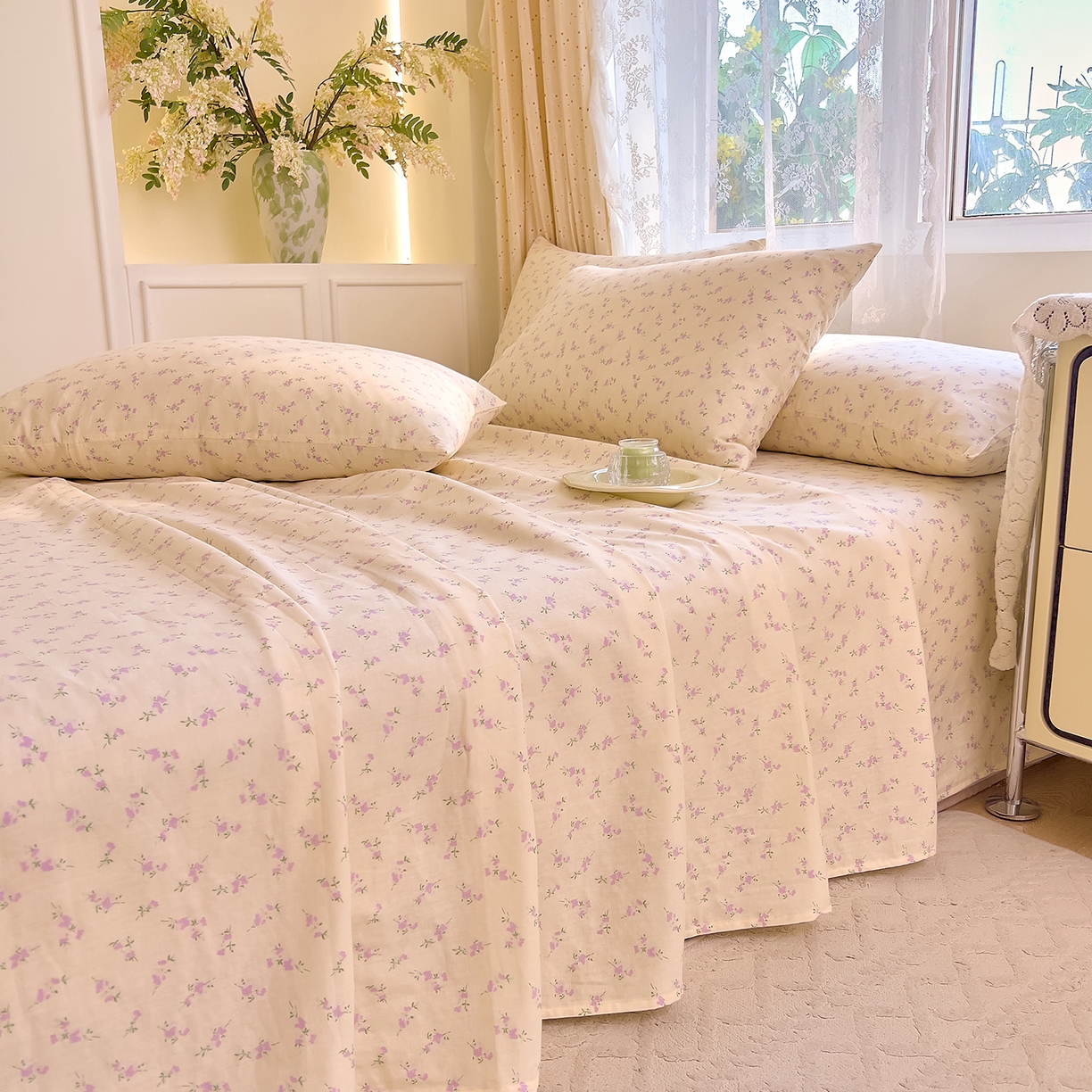 91家纺网 家纺一手货源 找家纺 DoDo 兜兜 2026新款全棉纯棉柔软双层纱单品床单系列（可定做尺寸） 含笑-紫