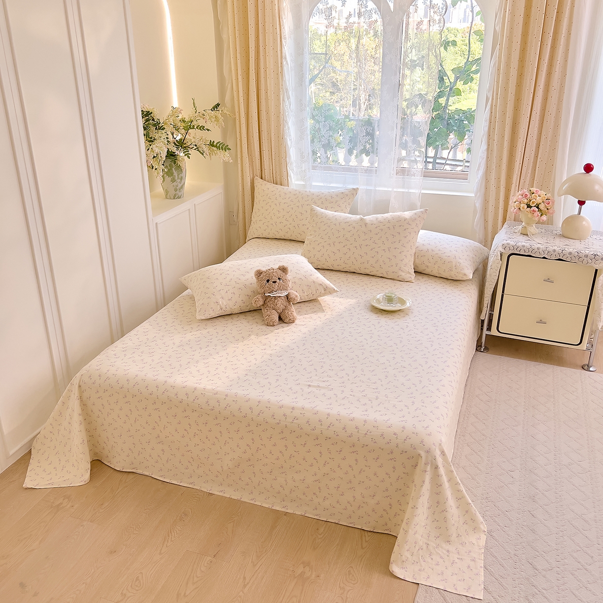 91家纺网 家纺一手货源 找家纺 DoDo 兜兜 2026新款全棉纯棉柔软双层纱单品床单系列（可定做尺寸） 含笑-紫