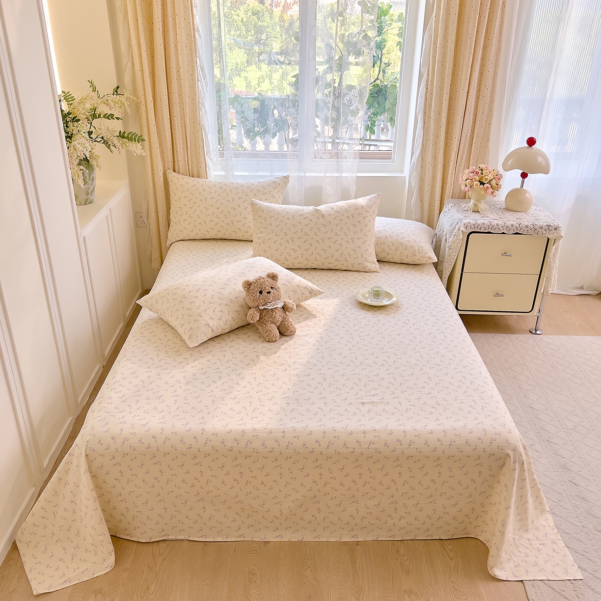 91家纺网 家纺一手货源 找家纺 DoDo 兜兜 2026新款全棉纯棉柔软双层纱单品床单系列（可定做尺寸） 含笑-紫