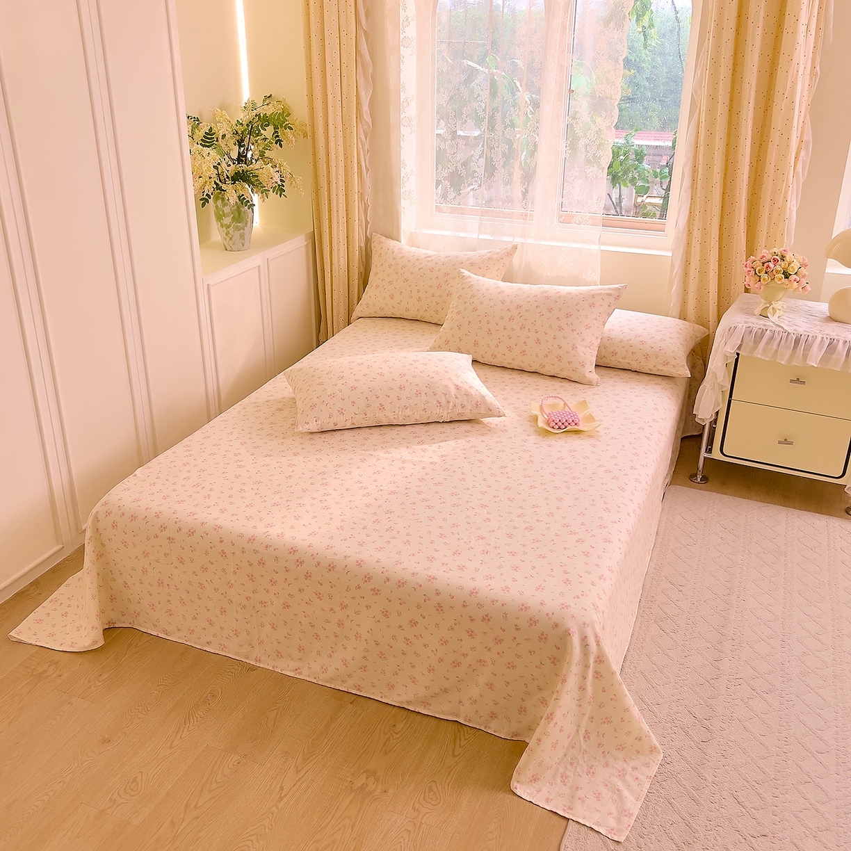 91家纺网 家纺一手货源 找家纺 DoDo 兜兜 2026新款全棉纯棉柔软双层纱单品床单系列（可定做尺寸） 格桑花-粉